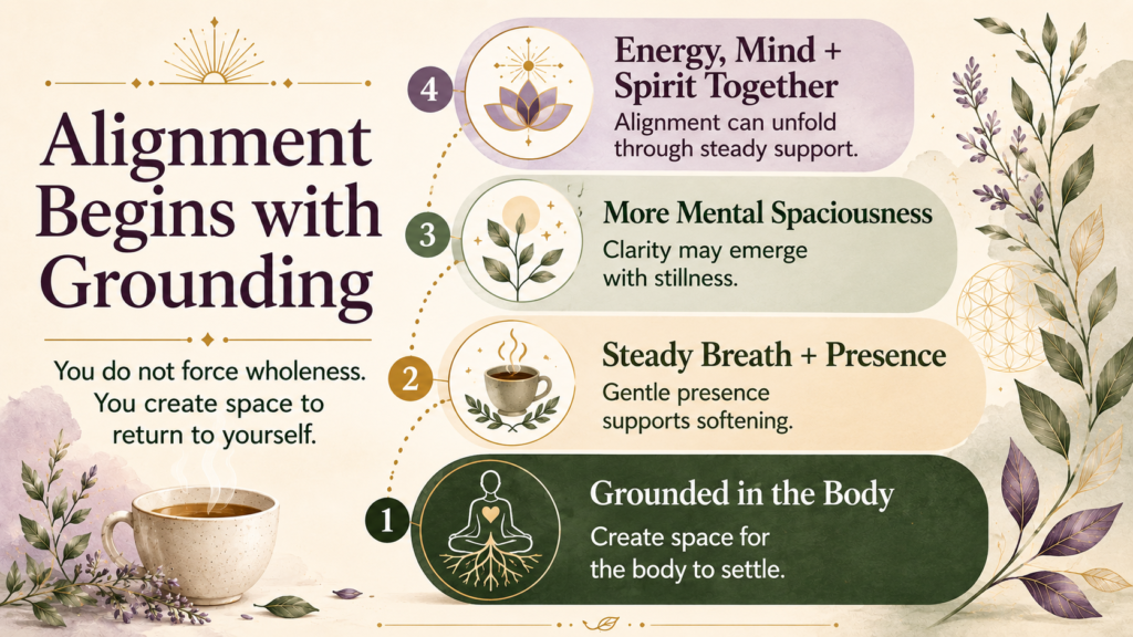 Alignment Begins with Grounding infographic showing four steps to build calm, clarity, and wholeness.