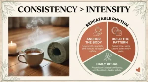 Consistency over intensity infographic showing a sustainable herbal tea ritual with repeatable daily wellness habits.