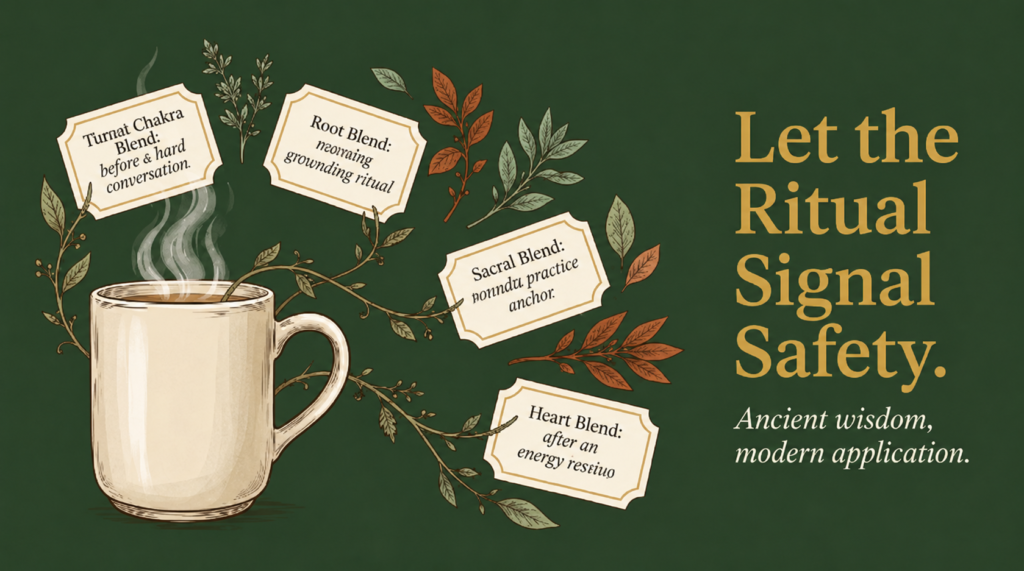 Herbal tea ritual with chakra-inspired blends to promote grounding, calm, safety, and mindful routines.