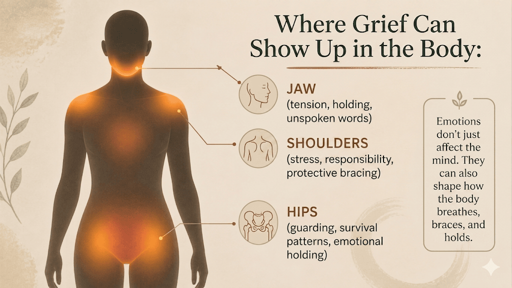 Infographic showing where grief can appear in the body, highlighting the jaw, shoulders, and hips with tension areas.