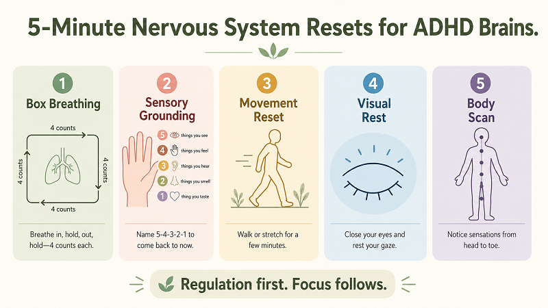 5-minute nervous system resets for ADHD brains featuring box breathing, sensory grounding, and movement.