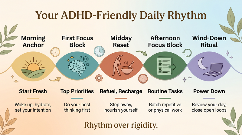 An ADHD-friendly daily rhythm guide featuring morning anchors, focus blocks, mid-day resets, and wind-down rituals.