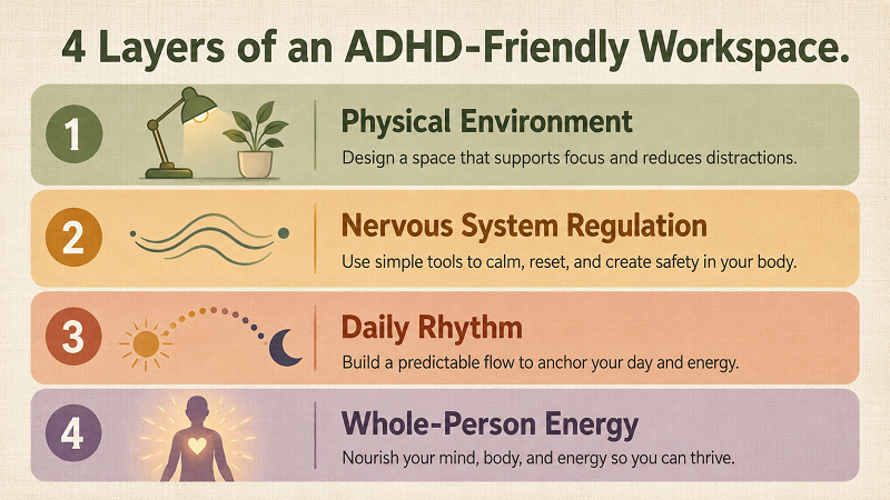 Infographic showing the 4 layers of an ADHD-friendly workspace: physical environment, nervous system regulation, daily rhythm, and whole-person energy.