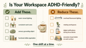 Checklist evaluating if a workspace is ADHD-friendly, suggesting what elements to add and reduce.